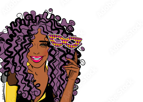 Woman girl smile face kitsch fashion in mask african american black star pop art. Mardi Gras Fat Tuesday carnival carnival French country. Comic book cartoon vector illustration pop art speech bubble.