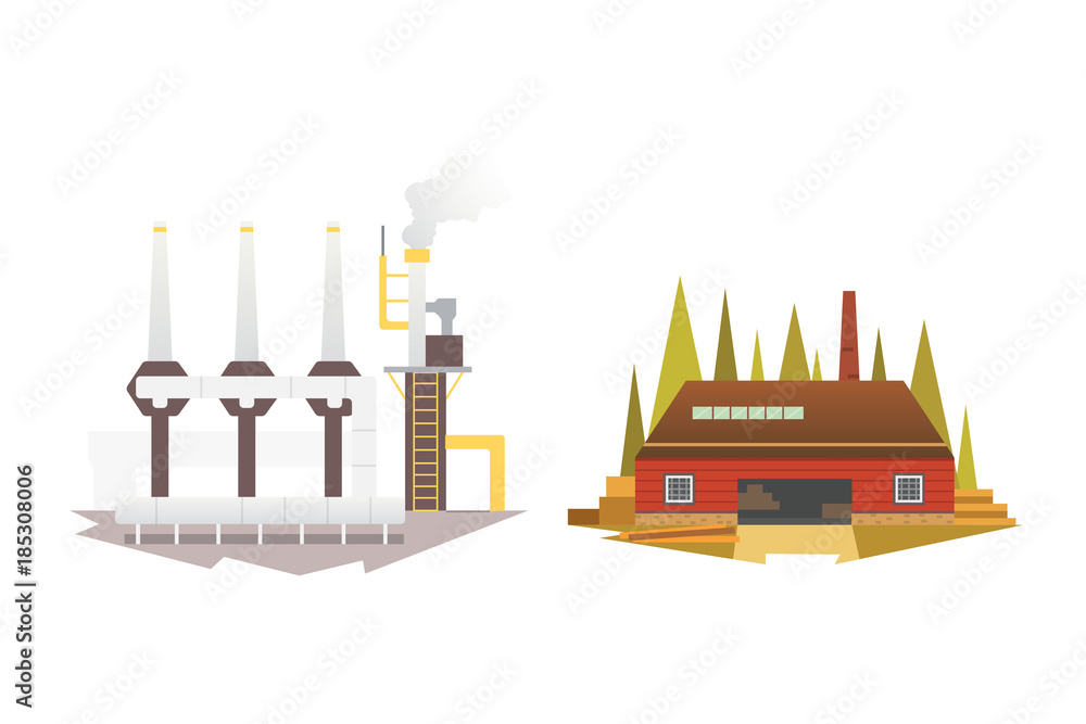 Fototapeta premium Different industrial factory buildings and plants. Industrial city construction set vector illustrations