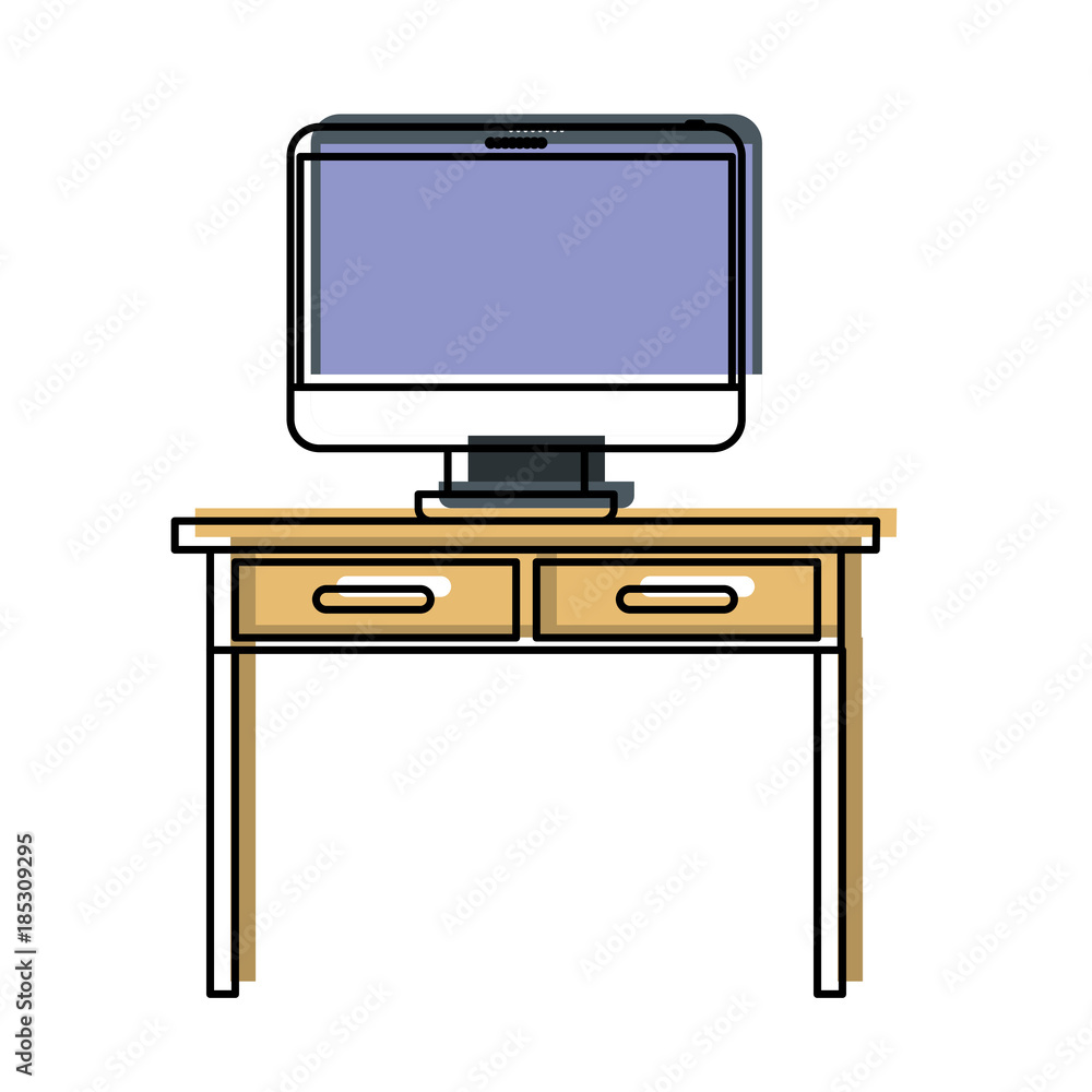 desk table with drawers and desktop computer above in front view in watercolor silhouette desk table with drawers and desktop computer above in front view in watercolor silhouette