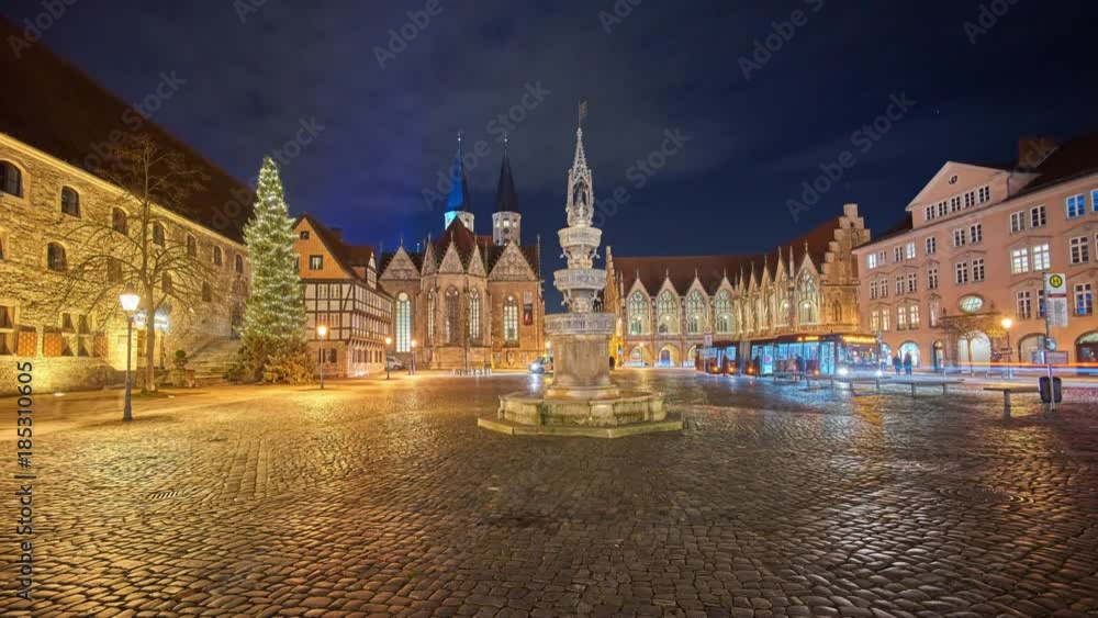 Altstadtmarkt in Braunschweig at winter evening. Germany. Lower Saxony. Time lapse. Altstadtmarkt in Braunschweig at winter evening. Germany. Lower Saxony. Time lapse.
