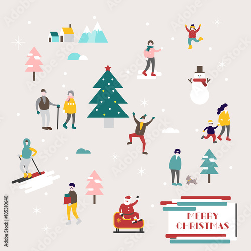 Small People Vector Illustration, Vector Flat Holiday Illustraation, Pastel Christmas Elements, Holiday Celebration Background, Greeting Card, Simple Flat Design Background