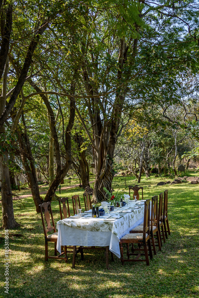 Luxurious outdoor dining on the lawn among the trees, table and chairs set for dinner, vertical
