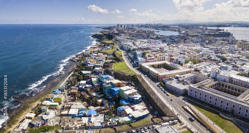 Aerial view of old San Juan, Puerto Rico and La Perla slum.