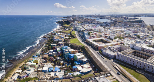 Aerial view of old San Juan, Puerto Rico and La Perla slum.