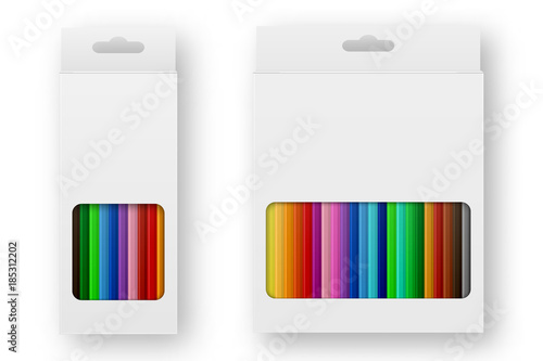 Vector realistic box of colored pencils icon set closeup isolated on white background. Design template, clipart or mockup for graphics - web, app, branding, advertising. Top view