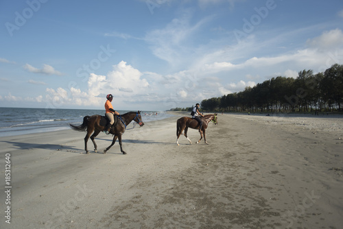 unrecognized people riding horse at beach