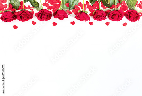 Roses and hearts on white background