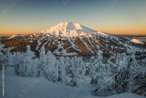 The snow covered Cascade Mountains and frozen trees at sunrise in winter