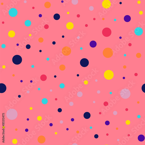Memphis style polka dots seamless pattern on coral background. Admirable modern memphis polka dots creative pattern. Bright scattered confetti fall chaotic decor. Vector illustration.