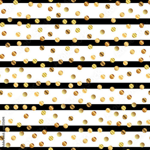 Golden dots seamless pattern on black and white striped background. Adorable gradient golden dots endless random scattered confetti on black and white striped background. Confetti fall chaotic decor.