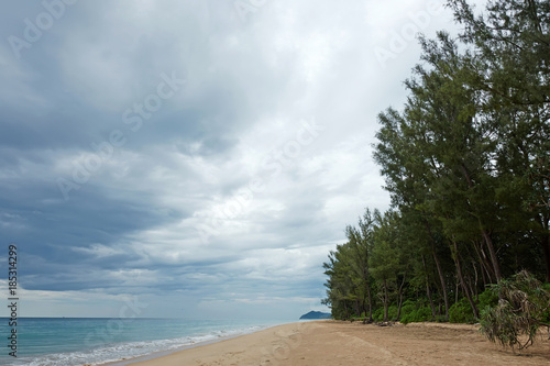 Fototapeta Naklejka Na Ścianę i Meble -  Dramatic seascape. Deserted beach and forest in Thailand and thunder sky.