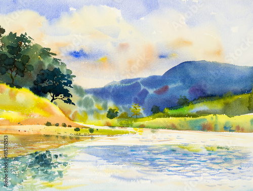 Watercolor landscape original painting colorful of river and mountain.