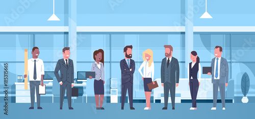 Mix Race Team Of Business People In Modern Office Concept Group Of Successful Businessmen And Businesswomen Workplace Interior Flat Vector Illustration