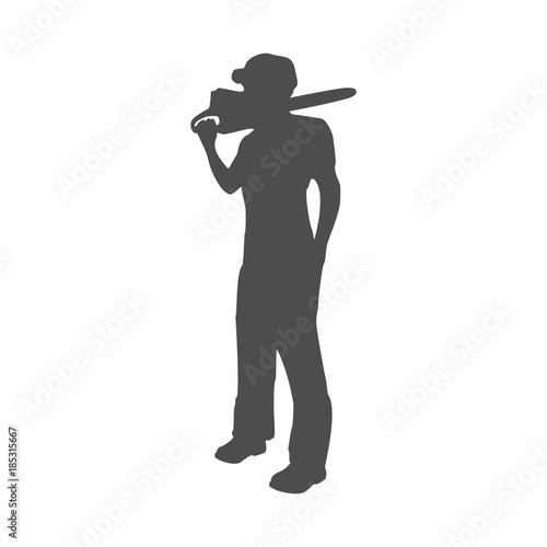 Lumberjack worker standing with chainsaw. Vector silhouette