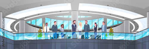 Modern Office Interior With Group Of Business People, Professionals Businessmen And Businesswomen Workplace Concept Horizontal Banner Flat Vector Illustration