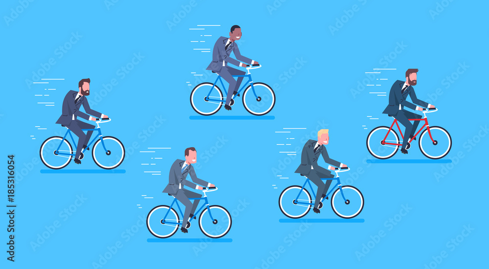 Group Of Mix Race Business Men Ride Bicycle Fast Competition Concept Flat Vector Illustration