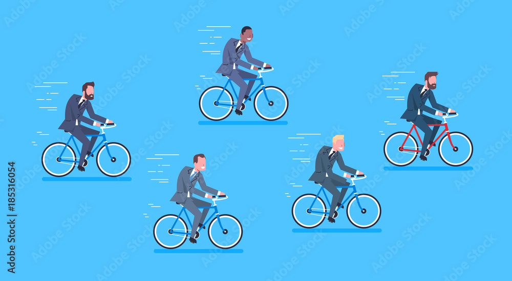 Obraz premium Group Of Mix Race Business Men Ride Bicycle Fast Competition Concept Flat Vector Illustration