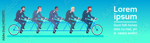 Group Of Business People Riding Tandem Bicycle Team And Teamwork Concept Horizontal Banner Flat Vector Illustration