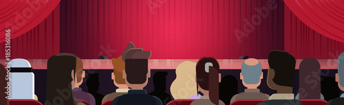 People Sitting At Theater Or In Cinema Looking At Stage With Red Curtains Waiting For Performance Start Back Rear View Horizontal Banner Flat Vector Illustration