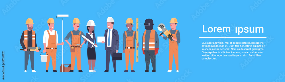 Costruction Workers Team Industrial Technicians Mix Race Man And Woman Builders Group Horizontal Banner Flat Vector Illustration Costruction Workers Team Industrial Technicians Mix Race Man And Woman Builders Group Horizontal Banner Flat Vector Illustration