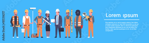 Costruction Workers Team Industrial Technicians Mix Race Man And Woman Builders Group Horizontal Banner Flat Vector Illustration