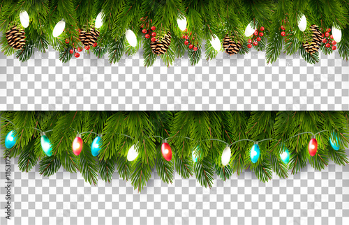 Two Christmas holiday boards with branches of tree and pine and garland on transparent background. Vector.