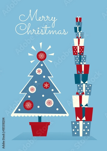 Vector retro styled greeting card. Decorated potted Christmas tree and high stack of gifts. Red, blue and white colors. Vertical format. Handwritten text.