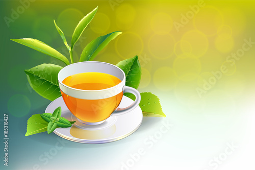Black tea cup with mint leaves isolated