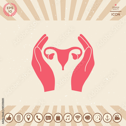 Hands holding Female uterus - protection icon