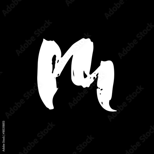 Letter M. Handwritten by dry brush. Rough strokes font. Vector illustration. Grunge style alphabet.