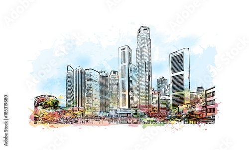 Singapore City. Watercolor splash with hand drawn sketch in vector illustration.