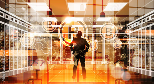 Silhouette Business Man Point Finger To Bitcoin Crypto Currency Concept Digital Web Money Technology Vector Illustration