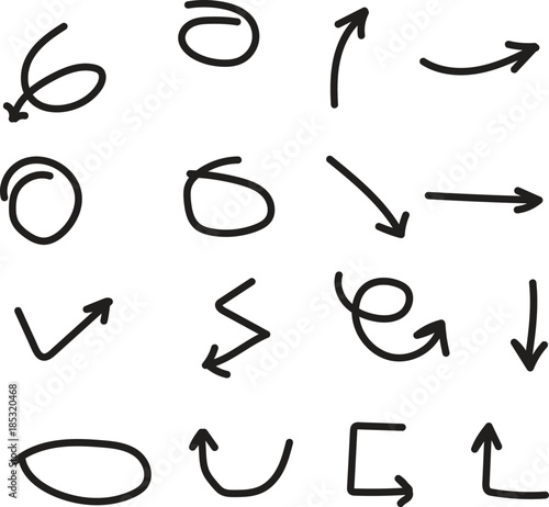 hand drawn arrows and oval for hightlighting text. black hand drawn in white backgorund. graphics elements in black. stylish elements.