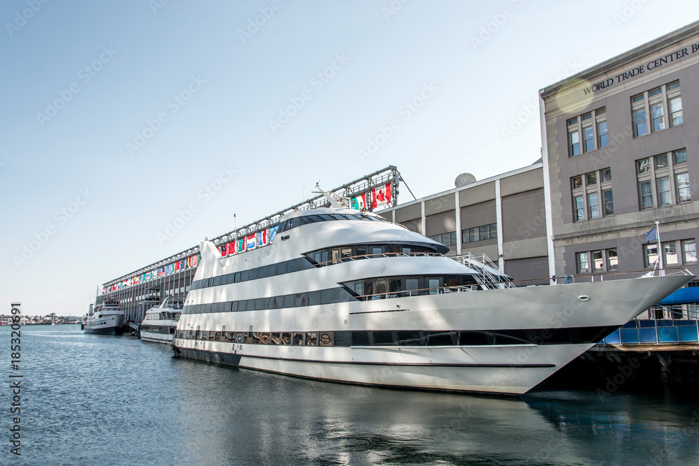 Big neutral yacht moored on the city's waterfront side area of the town of Boston USA Massachusetts Big neutral yacht moored on the city's waterfront side area of the town of Boston USA Massachusetts