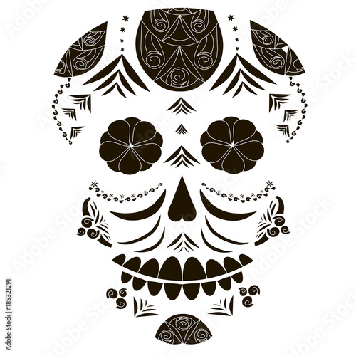 Doodle style stylized black and white sugar skull, hand drawing, stock vector illustration for fabric print