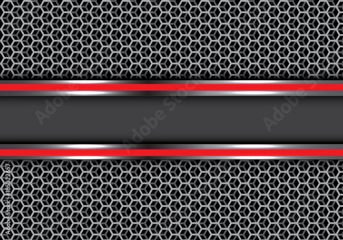 Abstract red metal line banner on hexagon mesh overlap on balck design modern luxury futuristic background texture vector illustration.
