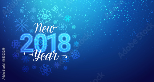 New Year 2018 Greeting Banner With Snowflakes Bokeh On Blue Background Vector Illustration