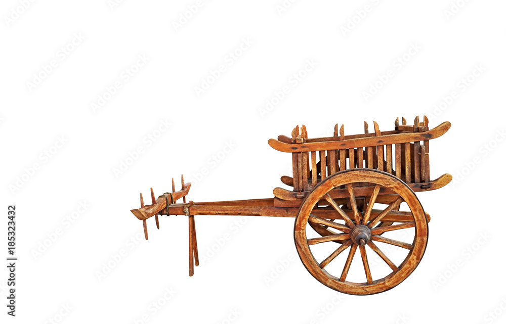 Fototapeta premium Wooden Bullock Cart on White Background, Clipping Path