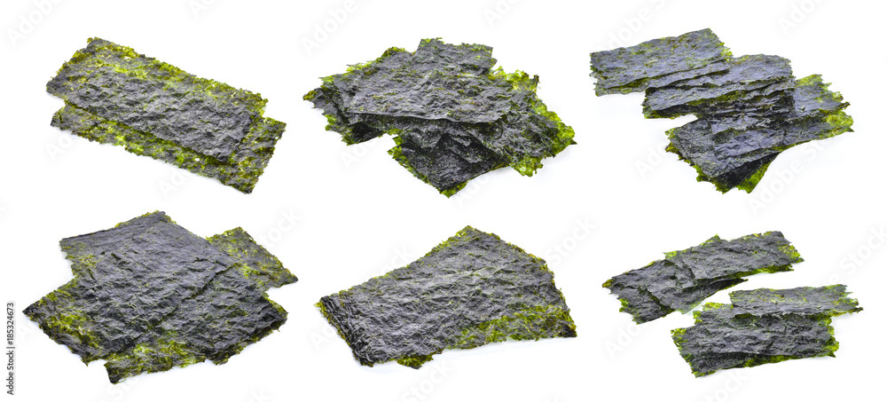 set of dried sheet seaweed, crispy seaweed isolated on white background set of dried sheet seaweed, crispy seaweed isolated on white background