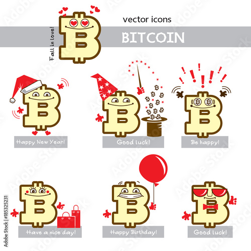 Bitcoin sign with face. Icon set of funny cartoon festive characters - New Year, Birthday, love. Cute emoticon; smiley on money theme.