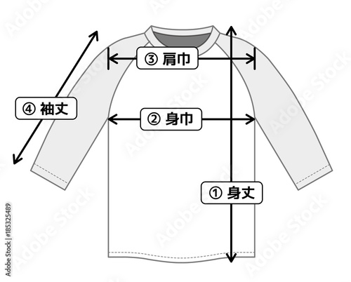 ラグランTシャツ 寸法表・サイズ表用イメージイラスト 