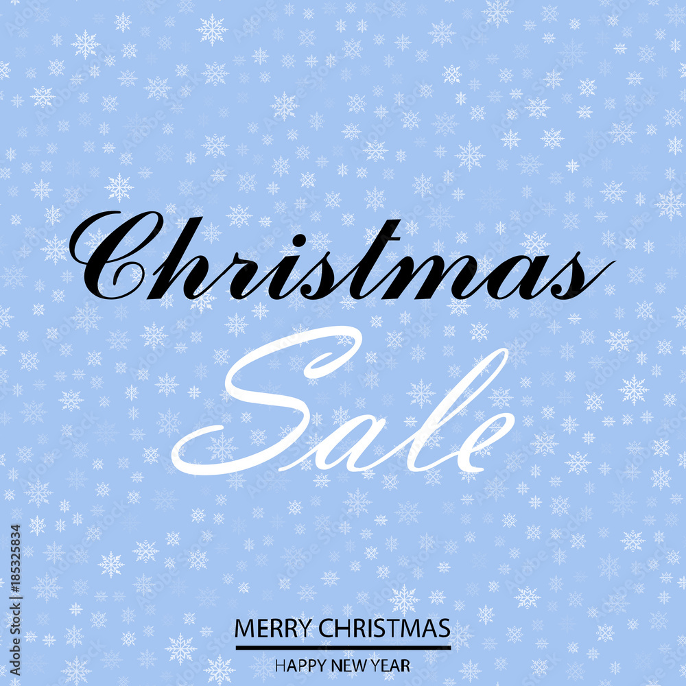 Christmas sale poster with falling snowflakes on blue background. Vector