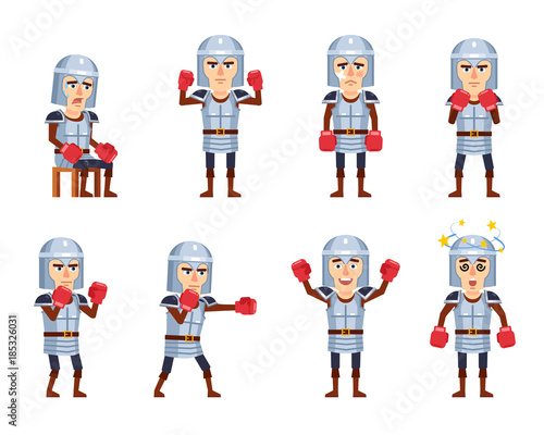 Set of knight characters posing with boxing gloves. Funny knight attacking, hitting, dazed, tired, celebrating victory and showing other actions. Flat style vector illustration