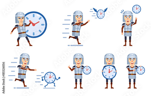 Set of knight characters posing with watches. Funny knight holding timer, running, chasing time and showing other actions. Flat style vector illustration