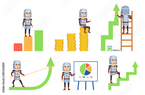 Set of knight characters posing with charts. Cheerful knight standing on growth diagram, pointing to whiteboard and showing other actions. Flat style vector illustration