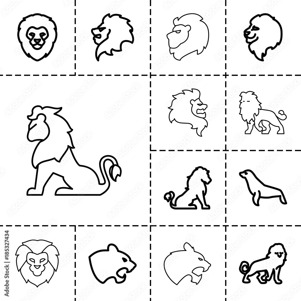 Lion icons. set of 13 editable outline lion icons