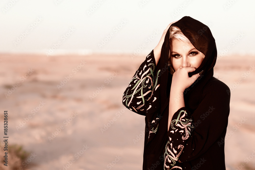 Beautiful Woman In Black Arabic Dress Abaya And Hijab Around Head With  Blond Curly Hair And, Abaya Arabic Dress