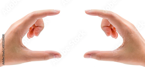 Man hands holding or pressing something isolated on white background