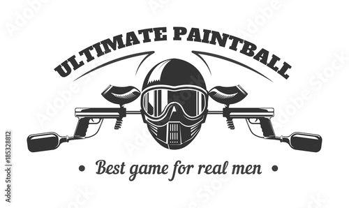 Paintball club logo template of pint ball gun rifles crossed with ribbon. Vector paintball game sport isolated retro icon of gamer shooting target weapon