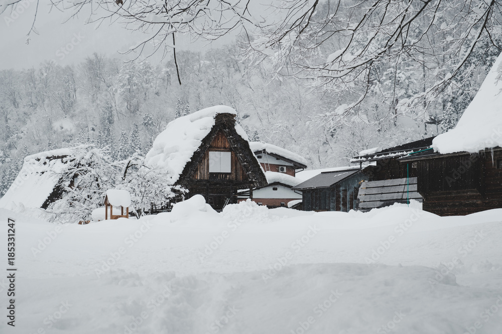Historic Villages of Shirakawa-go, Japan in snowy day, film tone, classic look. Historic Villages of Shirakawa-go, Japan in snowy day, film tone, classic look.